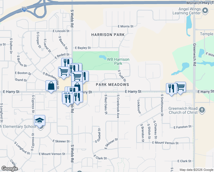 map of restaurants, bars, coffee shops, grocery stores, and more near 1570 South Goebel Circle in Wichita