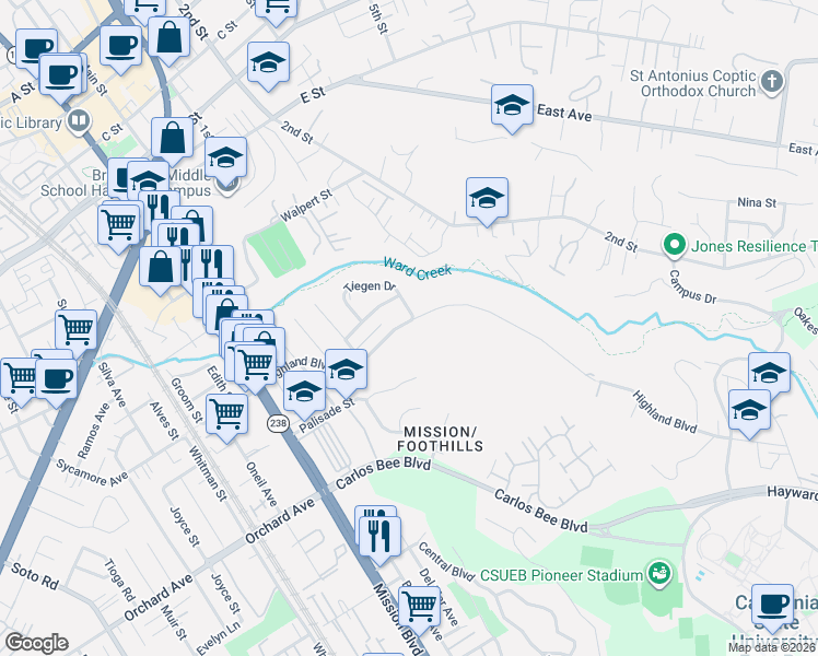 map of restaurants, bars, coffee shops, grocery stores, and more near 1244 Highland Boulevard in Hayward