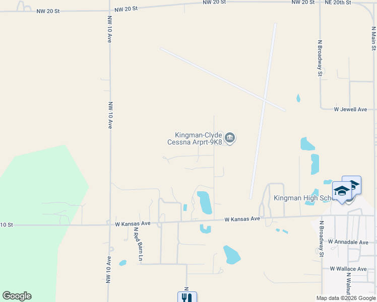map of restaurants, bars, coffee shops, grocery stores, and more near 1101-1299 West Hoover Road in Kingman