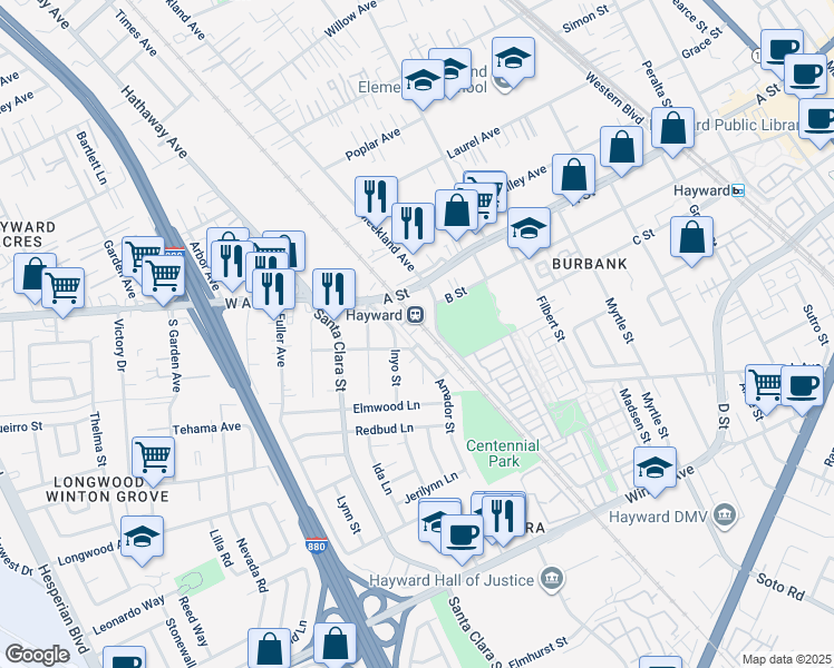 map of restaurants, bars, coffee shops, grocery stores, and more near 700 Old Oak Lane in Hayward