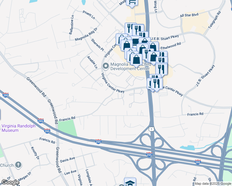 map of restaurants, bars, coffee shops, grocery stores, and more near 9820 Magnolia Pointe Circle in Glen Allen