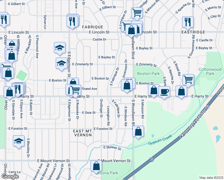 map of restaurants, bars, coffee shops, grocery stores, and more near 6138 East Harry Street in Wichita