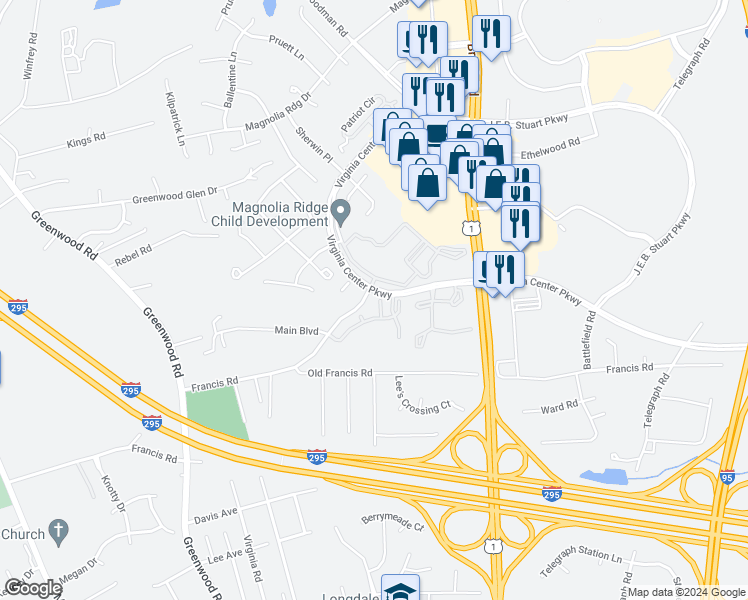 map of restaurants, bars, coffee shops, grocery stores, and more near 9820 Magnolia Pointe Circle in Glen Allen