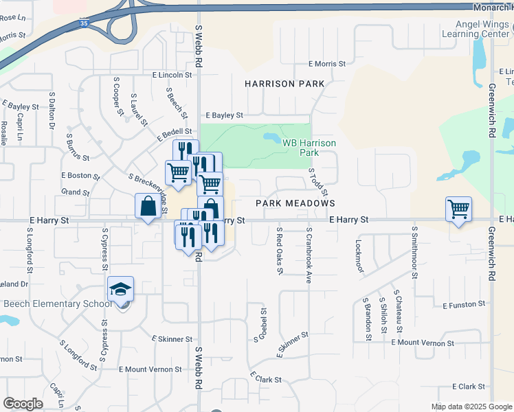 map of restaurants, bars, coffee shops, grocery stores, and more near 9916 East Harry Street in Wichita