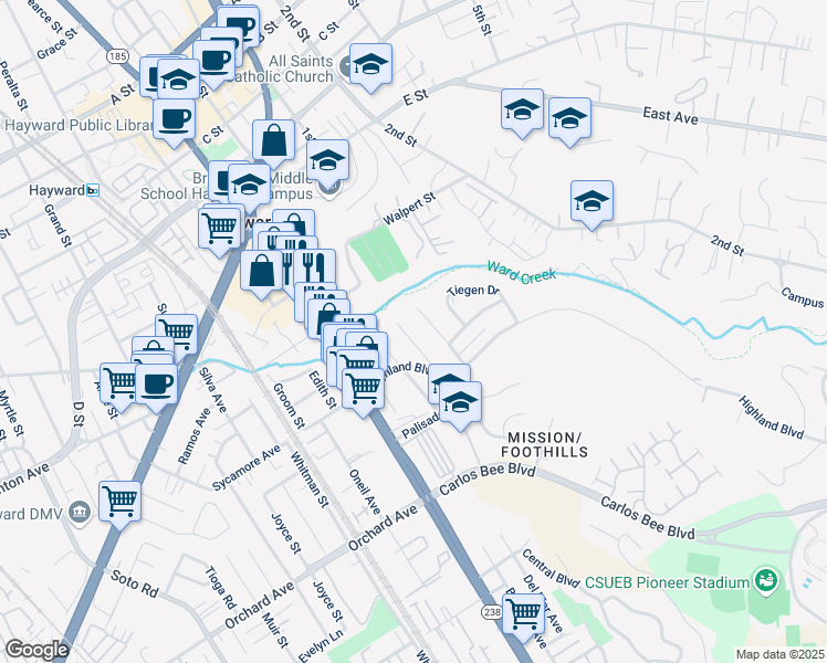 map of restaurants, bars, coffee shops, grocery stores, and more near 24485 Leona Drive in Hayward