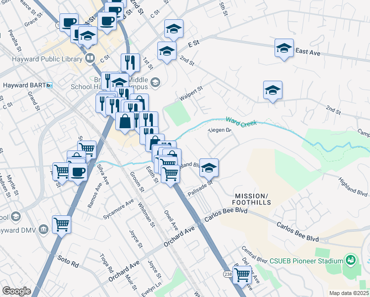 map of restaurants, bars, coffee shops, grocery stores, and more near 24485 Leona Drive in Hayward