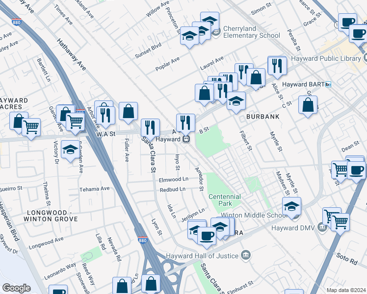 map of restaurants, bars, coffee shops, grocery stores, and more near 134 El Dorado Avenue in Hayward