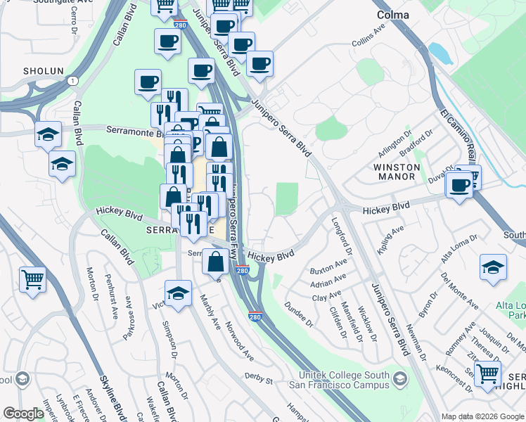map of restaurants, bars, coffee shops, grocery stores, and more near 373 Half Moon Lane in Daly City
