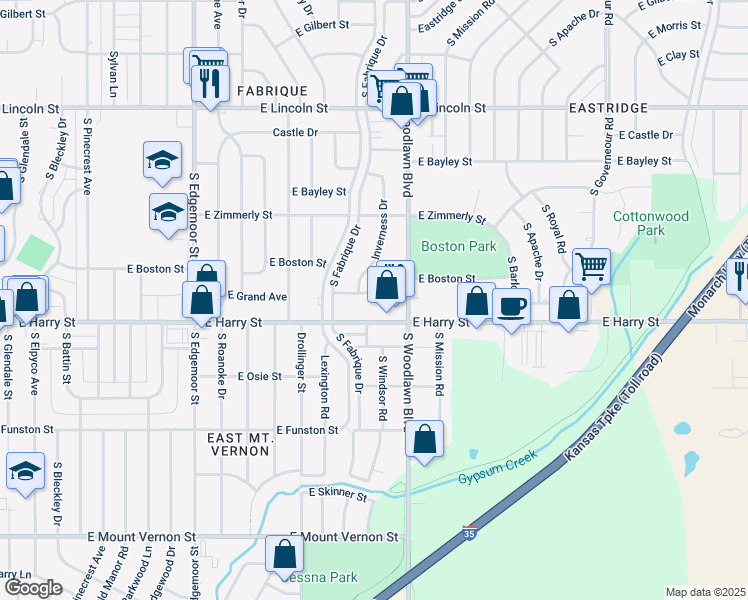 map of restaurants, bars, coffee shops, grocery stores, and more near 6310 East Harry Street in Wichita