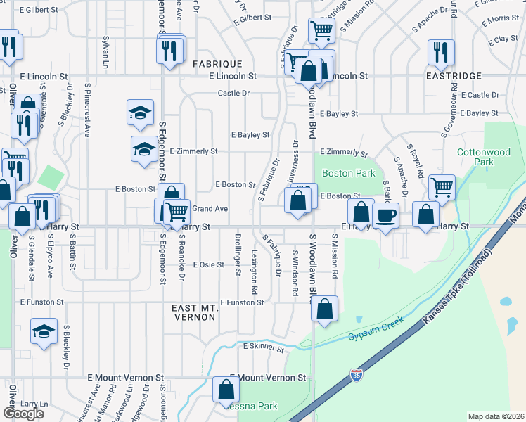 map of restaurants, bars, coffee shops, grocery stores, and more near 6138 East Harry Street in Wichita
