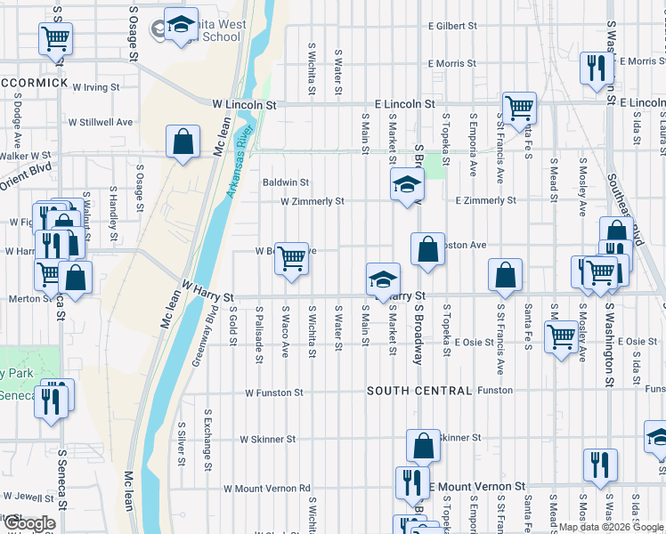 map of restaurants, bars, coffee shops, grocery stores, and more near 1541 South Water Street in Wichita