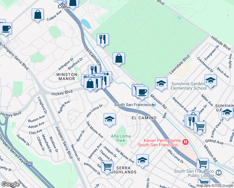 map of restaurants, bars, coffee shops, grocery stores, and more near 1600 California 82 in South San Francisco