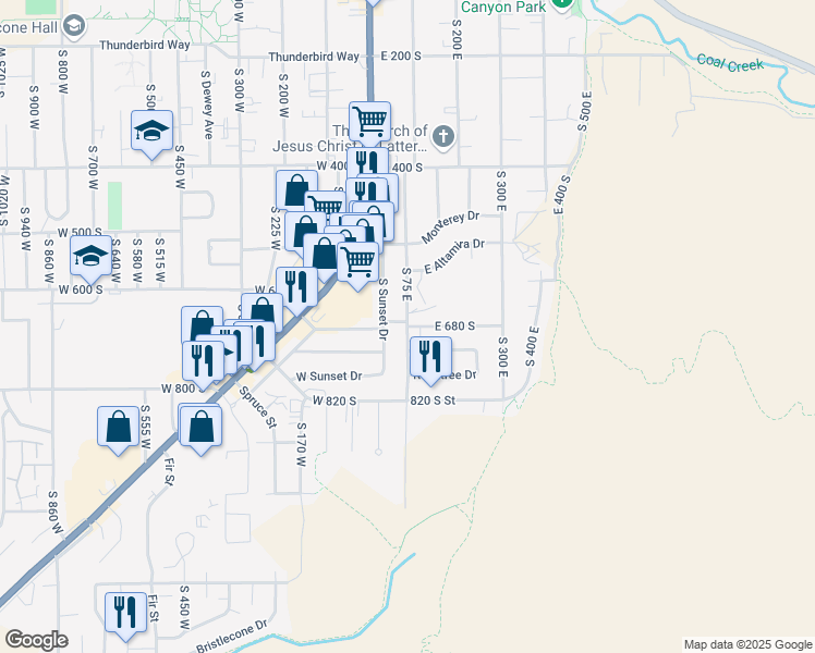 map of restaurants, bars, coffee shops, grocery stores, and more near South 75 East in Cedar City