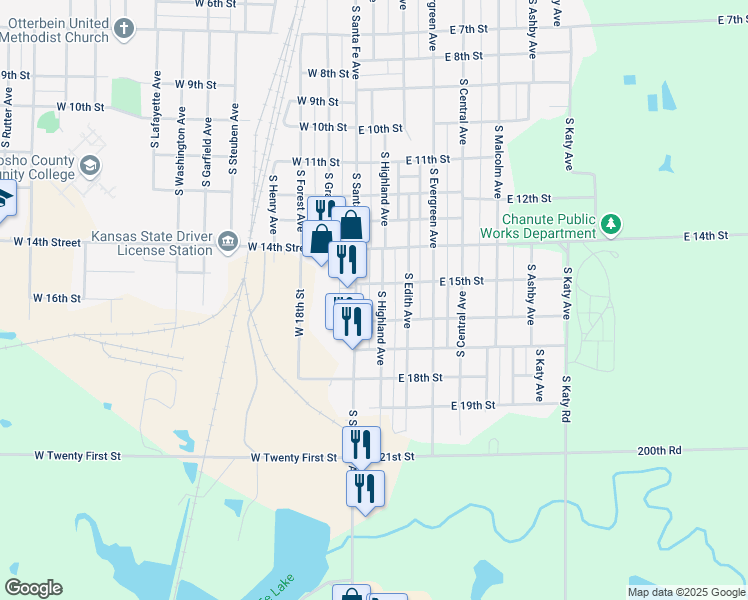map of restaurants, bars, coffee shops, grocery stores, and more near 1500-1598 S Highland Ave in Chanute