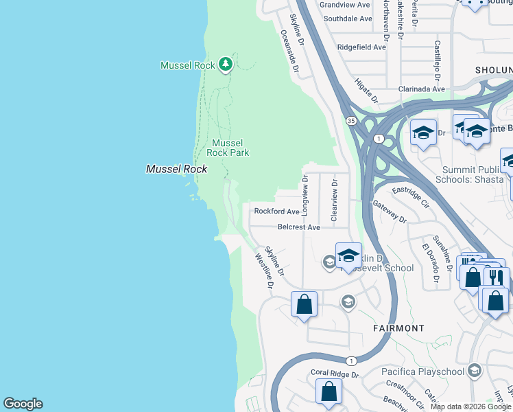 map of restaurants, bars, coffee shops, grocery stores, and more near 86 Westline Drive in Daly City