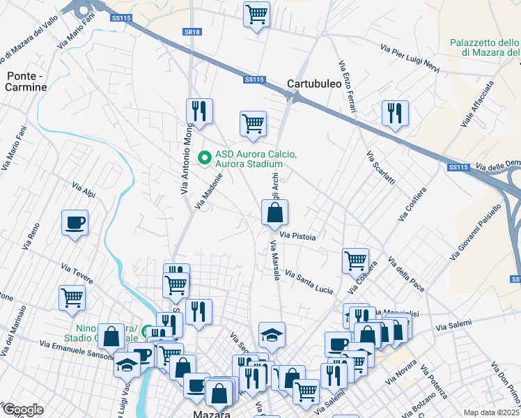 map of restaurants, bars, coffee shops, grocery stores, and more near 11 Via dei Ciclopi in Mazara del Vallo