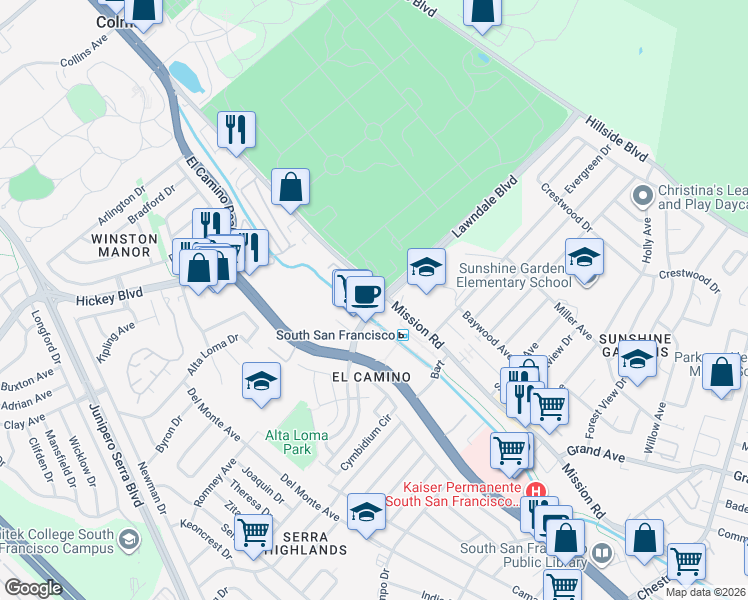 map of restaurants, bars, coffee shops, grocery stores, and more near 889 McLellan Drive in South San Francisco