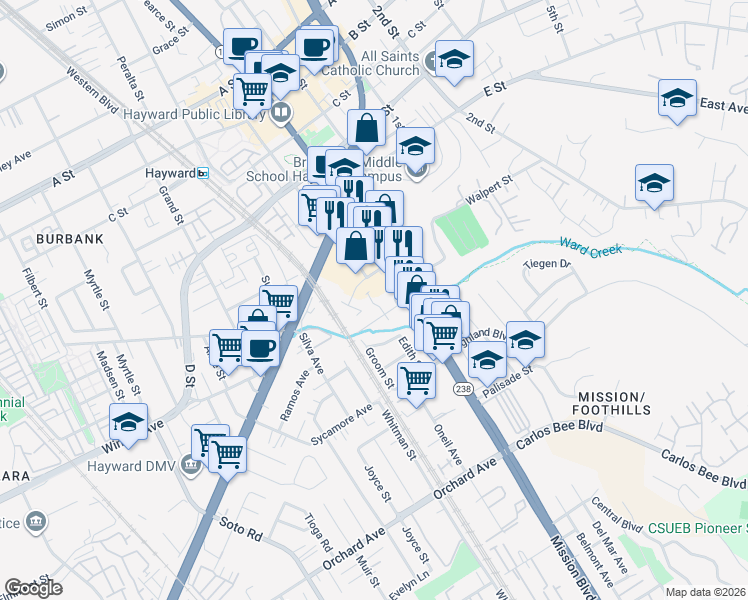 map of restaurants, bars, coffee shops, grocery stores, and more near 800 Pinedale Court in Hayward
