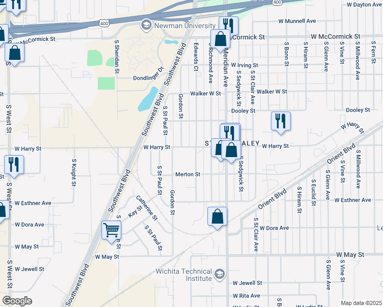 map of restaurants, bars, coffee shops, grocery stores, and more near 1601 South Edwards Street in Wichita