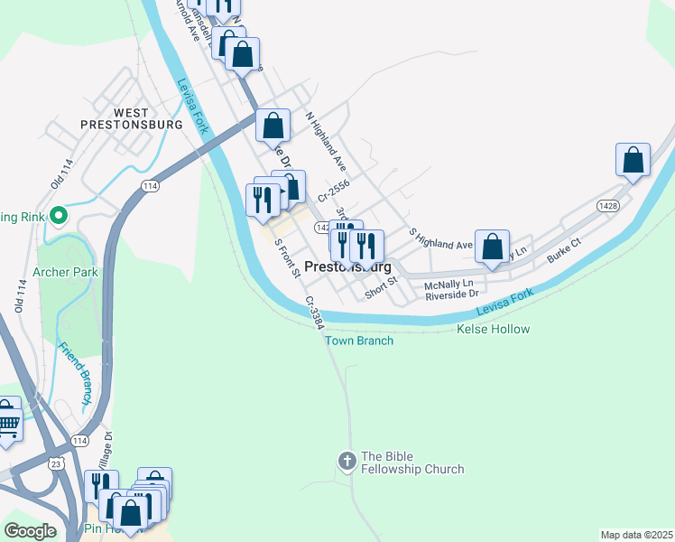 map of restaurants, bars, coffee shops, grocery stores, and more near 105 West Graham Street in Prestonsburg