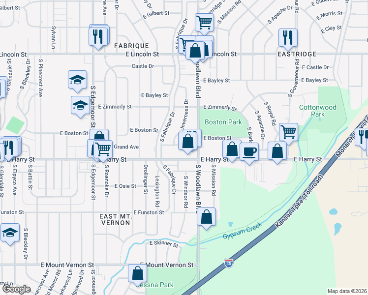 map of restaurants, bars, coffee shops, grocery stores, and more near 6310 East Harry Street in Wichita