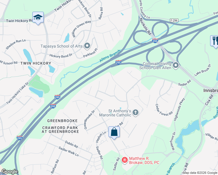 map of restaurants, bars, coffee shops, grocery stores, and more near 4912 Sadler Glen Court in Glen Allen