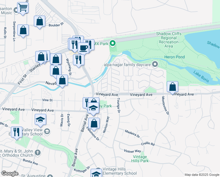 map of restaurants, bars, coffee shops, grocery stores, and more near 3263 Vineyard Avenue in Pleasanton