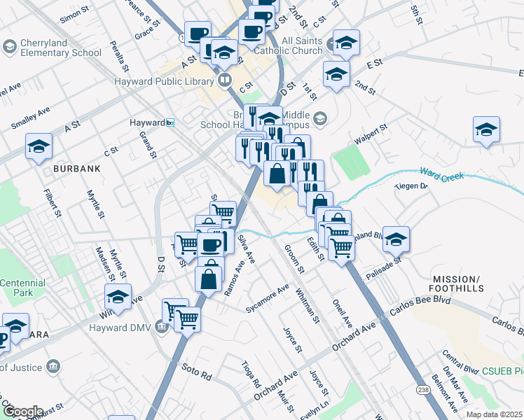 map of restaurants, bars, coffee shops, grocery stores, and more near 653 East Jackson Street in Hayward