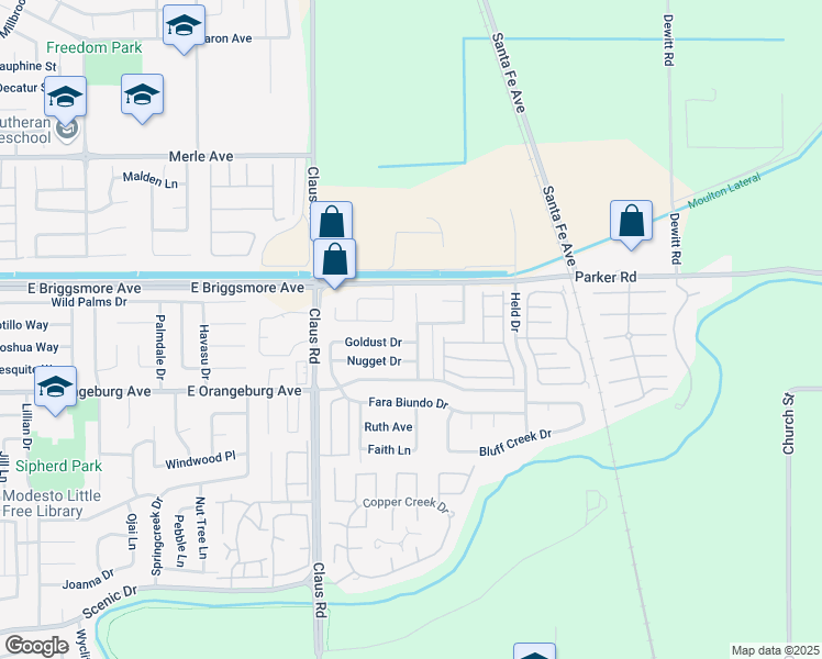 map of restaurants, bars, coffee shops, grocery stores, and more near 4140 Goldust Drive in Modesto