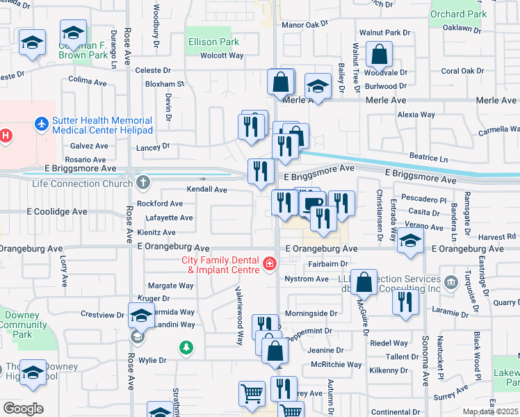 map of restaurants, bars, coffee shops, grocery stores, and more near 1500 Santa Paula Drive in Modesto