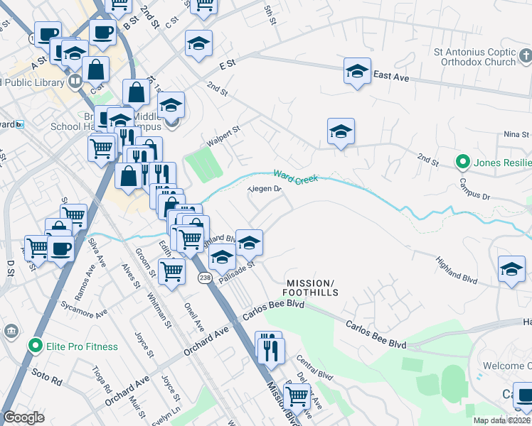 map of restaurants, bars, coffee shops, grocery stores, and more near 1162 Highland Boulevard in Hayward
