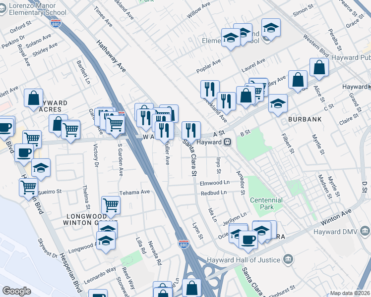 map of restaurants, bars, coffee shops, grocery stores, and more near 341 El Dorado Avenue in Hayward