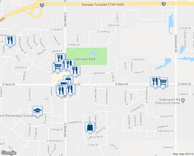 map of restaurants, bars, coffee shops, grocery stores, and more near 1570 South Goebel Circle in Wichita