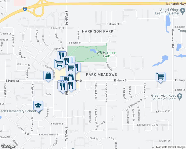 map of restaurants, bars, coffee shops, grocery stores, and more near 1570 South Goebel Circle in Wichita