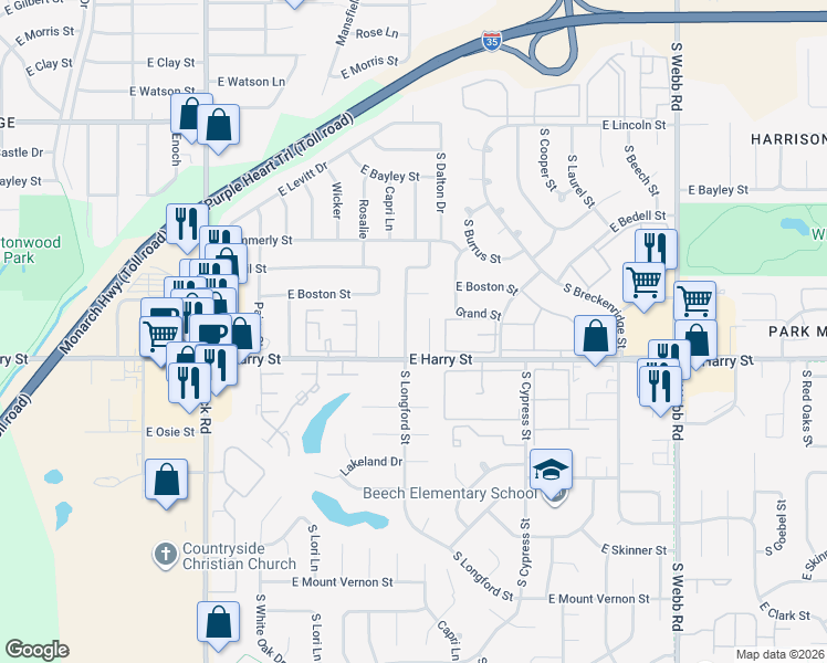 map of restaurants, bars, coffee shops, grocery stores, and more near 8700 East Harry Street in Wichita
