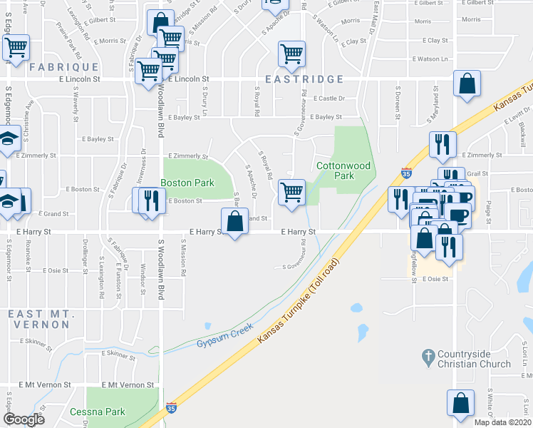 map of restaurants, bars, coffee shops, grocery stores, and more near in Wichita