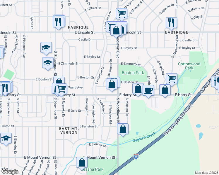 map of restaurants, bars, coffee shops, grocery stores, and more near 6310 East Harry Street in Wichita