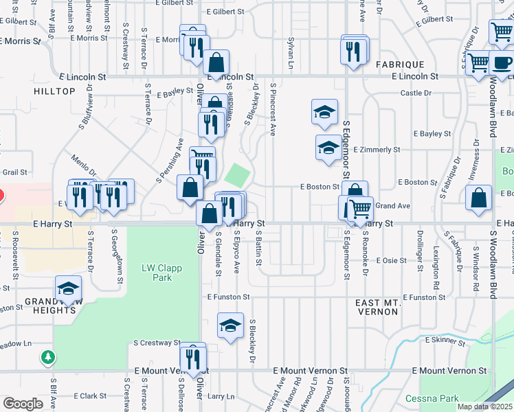 map of restaurants, bars, coffee shops, grocery stores, and more near 1560 South Battin Street in Wichita