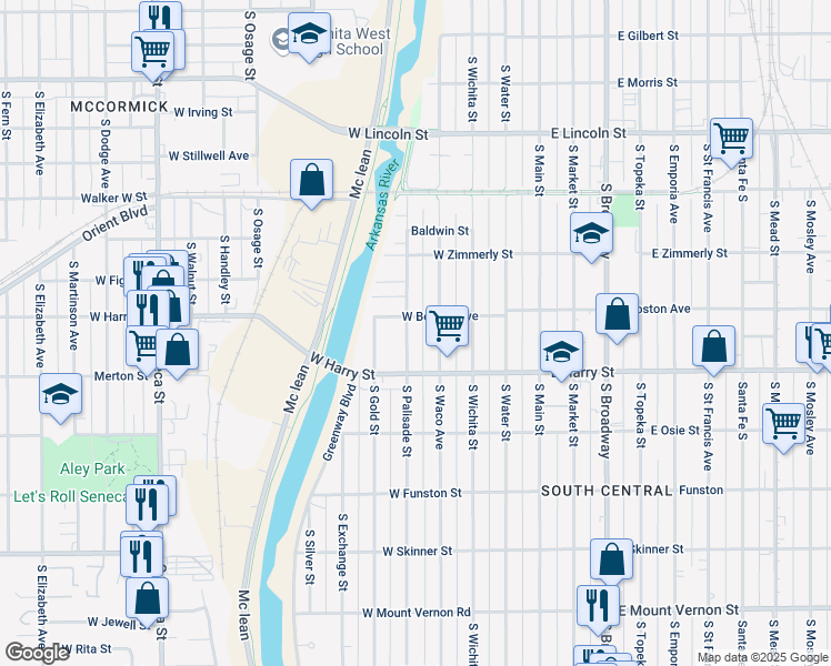 map of restaurants, bars, coffee shops, grocery stores, and more near 1537 South Waco Avenue in Wichita