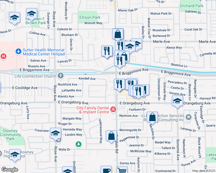 map of restaurants, bars, coffee shops, grocery stores, and more near 1500 Santa Paula Drive in Modesto