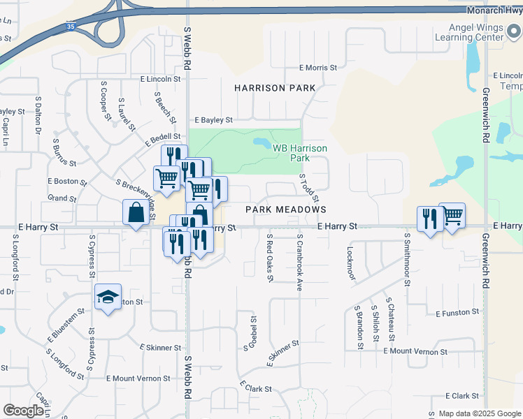 map of restaurants, bars, coffee shops, grocery stores, and more near 1570 South Goebel Circle in Wichita