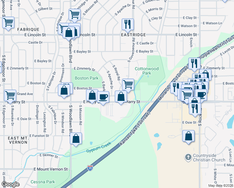 map of restaurants, bars, coffee shops, grocery stores, and more near in Wichita
