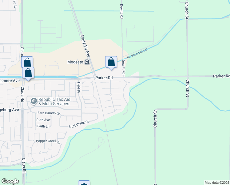 map of restaurants, bars, coffee shops, grocery stores, and more near 4617 Vía Terreno in Modesto