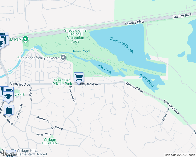 map of restaurants, bars, coffee shops, grocery stores, and more near 2531 Leona Place in Pleasanton