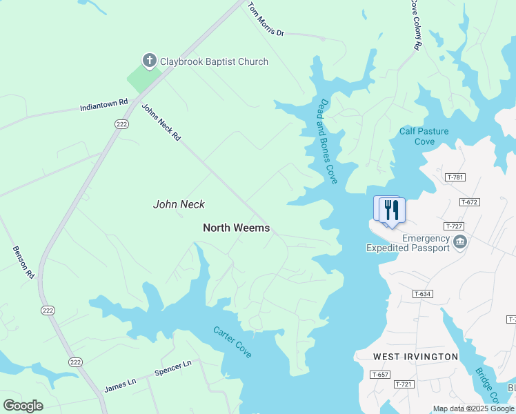 map of restaurants, bars, coffee shops, grocery stores, and more near 550 Johns Neck Road in Weems