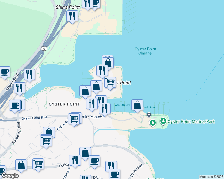 map of restaurants, bars, coffee shops, grocery stores, and more near 400 Oyster Point Boulevard in South San Francisco