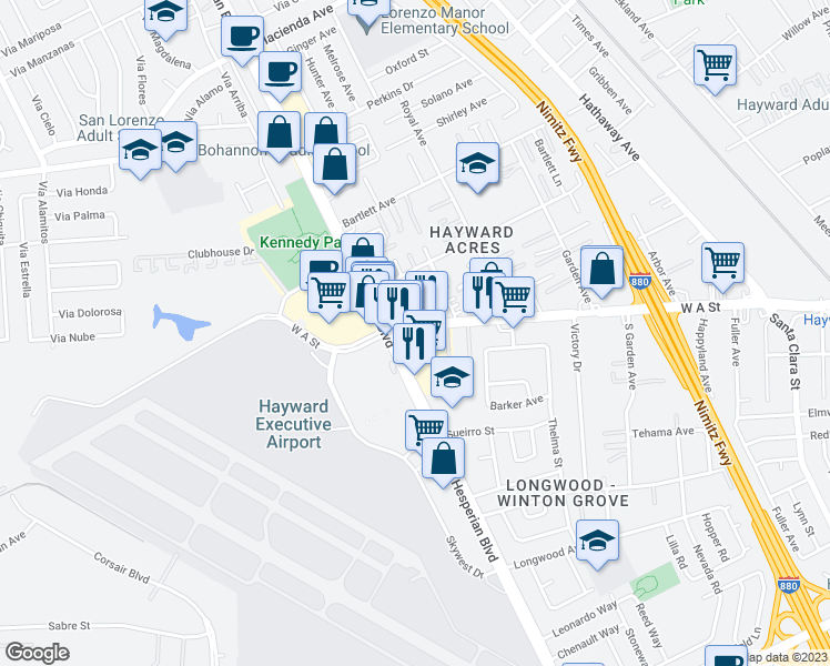map of restaurants, bars, coffee shops, grocery stores, and more near 950 West A Street in Hayward
