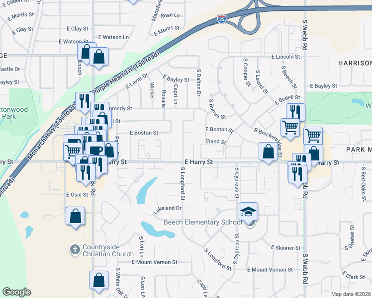 map of restaurants, bars, coffee shops, grocery stores, and more near 8700 East Harry Street in Wichita
