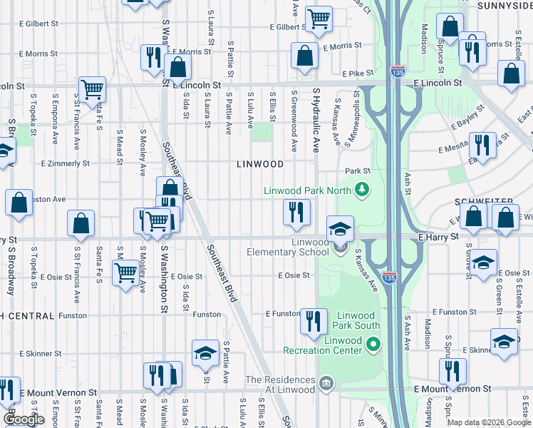 map of restaurants, bars, coffee shops, grocery stores, and more near in Wichita
