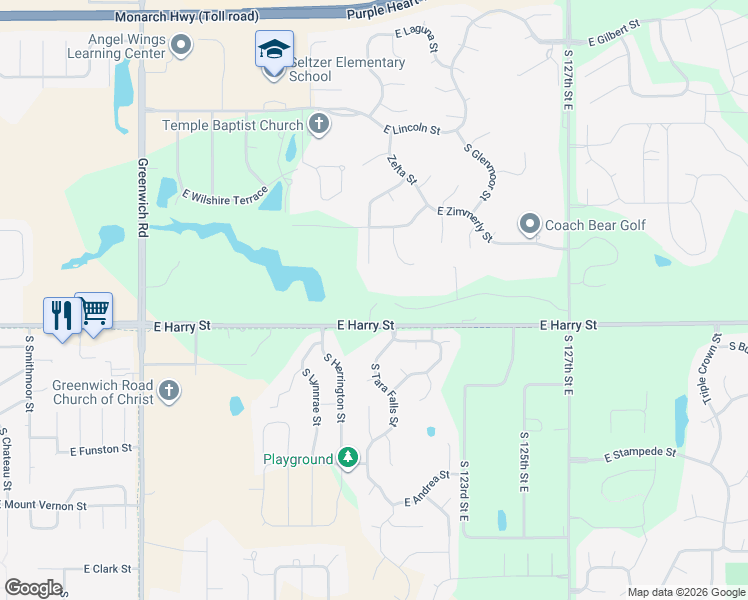 map of restaurants, bars, coffee shops, grocery stores, and more near 12022 East Harry Street in Wichita